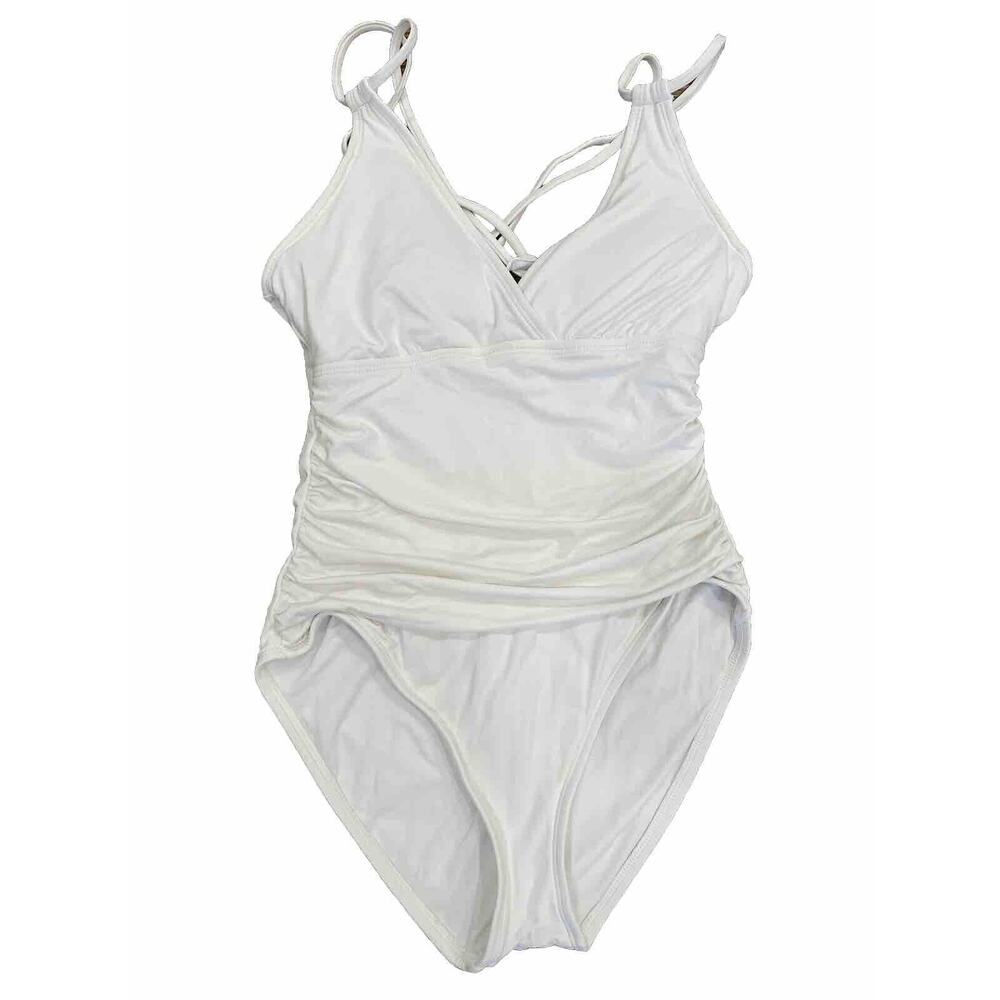 La Blanca Womens Swimsuit One Piece Solid White Ruching Straps Stretch Size 8